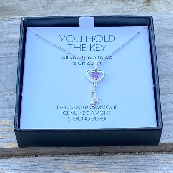 NWT NIB STERLING SILVER AMETHYST & DIAMOND “YOU HOLD THE KEY” NECKLACE - Picture 3 of 8